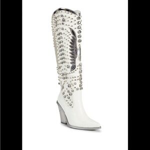 Elegant White and Silver Studded Heeled Boots